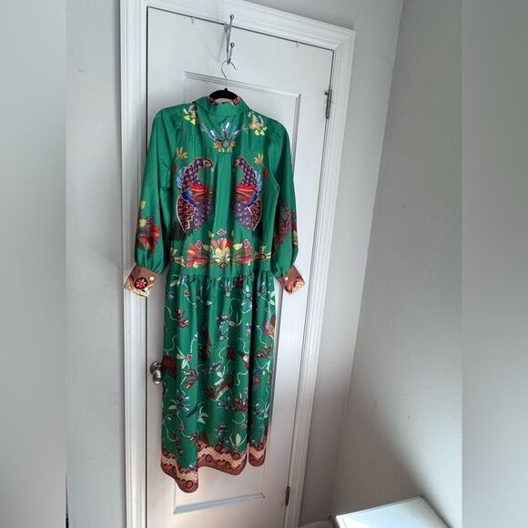 🦚 Alemais-Inspired Green Shirt Dress – EUC – Fall Birds + Button Front 🦚 - Picture 5 of 5